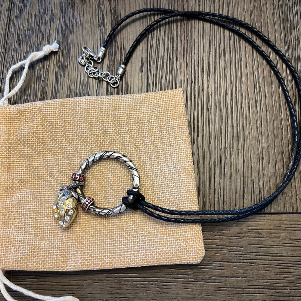 Brighton Pendant with Strawberry Charm. Black braided cord.